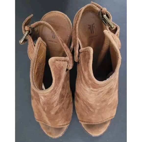 Frye Dani Shield Slingback Sandal Heels Open Toe Suede Wood Brown Size 9M** - Picture 9 of 12
